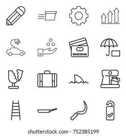 thin line icon set : pencil, delivery, gear, graph up, electric car, chemical industry, credit card, insurance, broken, suitcase, shark flipper, coffee maker, stairs, pan, sickle, please clean