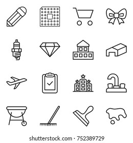 thin line icon set : pencil, cpu, cart, bow, spark plug, diamond, cottage, warehouse, plane, clipboard check, hotel, water tap, bbq, rake, scraper, spot