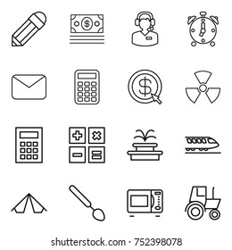 thin line icon set : pencil, money, call center, alarm clock, mail, calculator, dollar arrow, nuclear, fountain, train, tent, big spoon, microwave oven, tractor