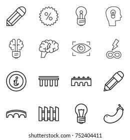 thin line icon set : pencil, percent, bulb, head, brain, eye identity, infinity power, info, bridge, fence, eggplant