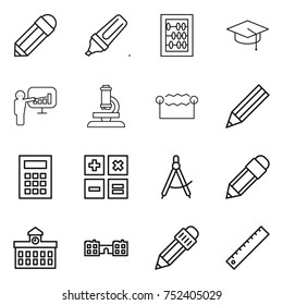thin line icon set : pencil, marker, abacus, graduate hat, presentation, microscope, electrostatic, calculator, draw compass, university, school, ruler