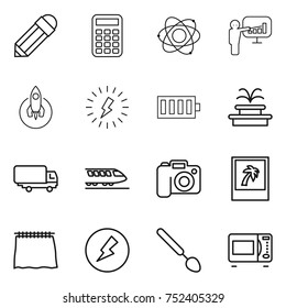 thin line icon set : pencil, calculator, atom, presentation, rocket, lightning, battery, fountain, shipping, train, camera, photo, curtain, electricity, big spoon, microwave oven