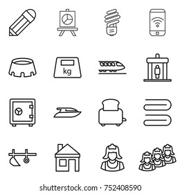 thin line icon set : pencil, presentation, bulb, phone wireless, stadium, heavy, train, detector, safe, yacht, toaster, towel, plow, house, cleaner, outsource