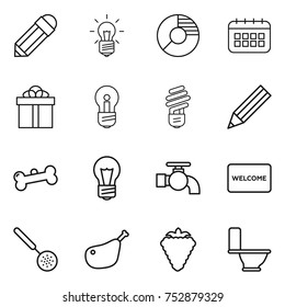 thin line icon set : pencil, bulb, circle diagram, calendar, gift, bone, water tap, welcome mat, skimmer, chicken leg, berry, toilet