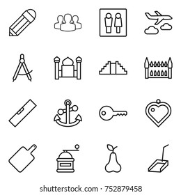 thin line icon set : pencil, group, wc, journey, draw compass, minaret, pyramid, gothic architecture, level, anchor, key, heart pendant, cutting board, hand mill, pear, scoop