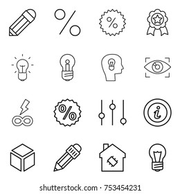 thin line icon set : pencil, percent, medal, bulb, head, eye identity, infinity power, equalizer, info, 3d, smart house