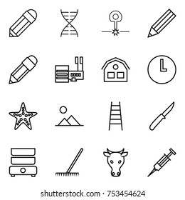thin line icon set : pencil, dna, laser, mall, house, clock, starfish, landscape, stairs, knife, double boiler, rake, cow, syringe