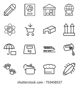 thin line icon set : pencil, annual report, warehouse, notebook globe, atom, add to cart, cargo top sign, insurance, heavy, train, mixer, pets, steam pan, chief hat, bug