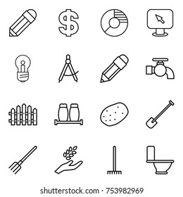 thin line icon set : pencil, dollar, circle diagram, monitor arrow, bulb, draw compass, water tap, fence, salt pepper, potato, shovel, fork, harvest, rake, toilet