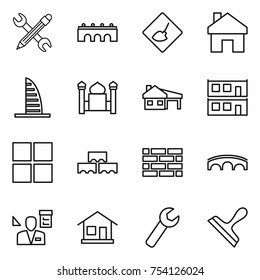 thin line icon set : pencil wrench, bridge, under construction, home, skyscraper, minaret, house with garage, modular, window, block wall, brick, architector, scraper