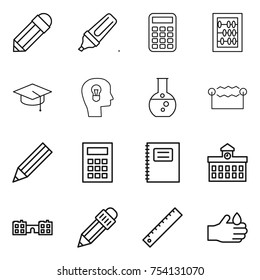 thin line icon set : pencil, marker, calculator, abacus, graduate hat, bulb head, round flask, electrostatic, copybook, university, school, ruler, acid