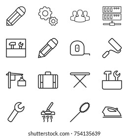 thin line icon set : pencil, gear, group, server, tools, measuring tape, repair, loading, suitcase, iron board, wrench, vacuum cleaner, duster