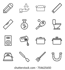 thin line icon set : pencil, chemical industry, electrostatic, ruler, level, tennis, toilet, speaker, mixer, pan, kettle, spatula, fork, horseshoe