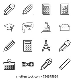 thin line icon set : pencil, marker, calculator, abacus, graduate hat, presentation, microscope, electrostatic, draw compass, university, school, ruler
