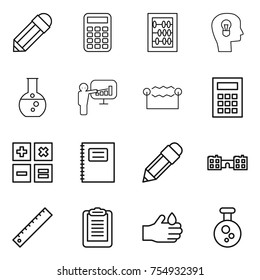 thin line icon set : pencil, calculator, abacus, bulb head, round flask, presentation, electrostatic, copybook, school, ruler, clipboard, acid, chemical