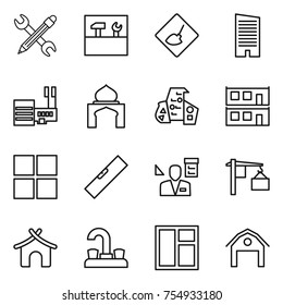 thin line icon set : pencil wrench, tools, under construction, skyscraper, mall, minaret, modern architecture, modular house, window, level, architector, loading, bungalow, water tap, barn