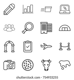 thin line icon set : pencil, graph, delivery, notebook, group, magnifier, houses, hangare, arch, clipboard check, plane, vip fence, camera, cookies, cow, spot