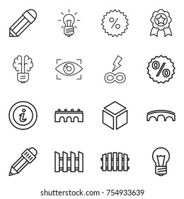 thin line icon set : pencil, bulb, percent, medal, brain, eye identity, infinity power, info, bridge, 3d, fence