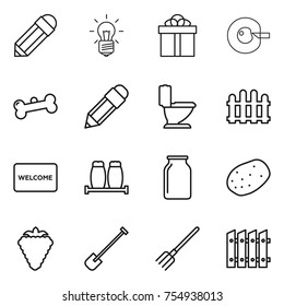 thin line icon set : pencil, bulb, gift, cell corection, bone, toilet, fence, welcome mat, salt pepper, bank, potato, berry, shovel, fork