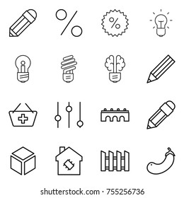 thin line icon set : pencil, percent, bulb, brain, add to basket, equalizer, bridge, 3d, smart house, fence, eggplant