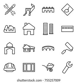 thin line icon set : pencil wrench, greate wall, bridge, under construction, project, home, skyscrapers, bunker, minaret, house with garage, repair, building helmet, window, wheelbarrow