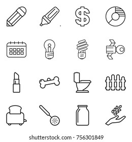 Thin line icon set : pencil, marker, dollar, circle diagram, calendar, bulb, satellite, lipstick, bone, toilet, fence, toaster, skimmer, bank, harvest