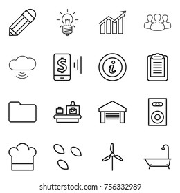 Thin line icon set : pencil, bulb, diagram, group, cloud wireless, mobile pay, info, clipboard, documents, baggage checking, garage, speaker, cook hat, seeds, windmill, bath