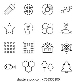 Thin line icon set : pencil, dollar, circle diagram, graph, star, bulb head, atom core, car pointer, chip, cpu, house, handwheel, fish, honeycombs, trees, spruce