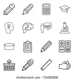 Thin line icon set : pencil, marker, calculator, graduate hat, bulb head, brain, presentation, microscope, electrostatic, clipboard, university, ruler, acid