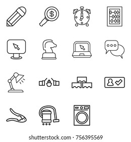 Thin line icon set : pencil, dollar magnifier, alarm clock, abacus, monitor arrow, chess horse, notebook, discussion, table lamp, drawbridge, block wall, check in, walnut crack, vacuum cleaner