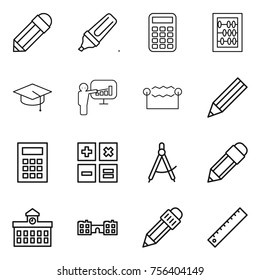 Thin line icon set : pencil, marker, calculator, abacus, graduate hat, presentation, electrostatic, draw compass, university, school, ruler