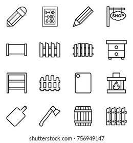 Thin line icon set : pencil, abacus, shop signboard, fence, nightstand, rack, cutting board, fireplace, axe, barrel