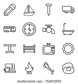 Thin line icon set : pencil, boat, nail, shipping, bus, watch, water tap, bath, table, crib, tv, induction oven, coffee maker, fire, blower, soap