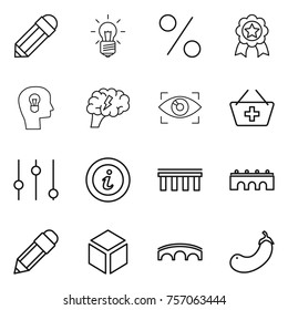 Thin line icon set : pencil, bulb, percent, medal, head, brain, eye identity, add to basket, equalizer, info, bridge, 3d, eggplant