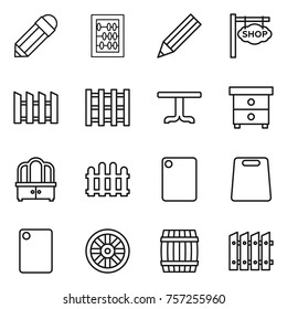 Thin line icon set : pencil, abacus, shop signboard, fence, pallet, table, nightstand, dresser, cutting board, wheel, barrel