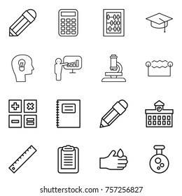 Thin line icon set : pencil, calculator, abacus, graduate hat, bulb head, presentation, microscope, electrostatic, copybook, university, ruler, clipboard, acid, chemical