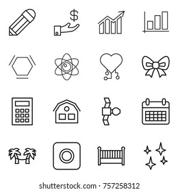 Thin line icon set : pencil, investment, diagram, graph, hex molecule, atom, cardio chip, bow, calculator, house, satellite, calendar, palm hammock, ring button, crib, shining