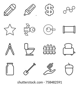 Thin line icon set : pencil, marker, dollar, graph, star, satellite, cell corection, fence, drawing compasses, toilet, toaster, bank, shovel, harvest, acorn