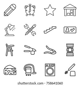 Thin line icon set : pencil, alarm clock, star, warehouse, table lamp, wrench, stairs, check in, Chair for babies, garlic clasp, walnut crack, pasta, cheese, vacuum cleaner, washing machine