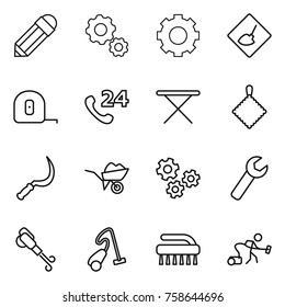 Thin line icon set : pencil, gear, under construction, measuring tape, phone 24, iron board, rag, sickle, wheelbarrow, gears, wrench, blower, vacuum cleaner, brush