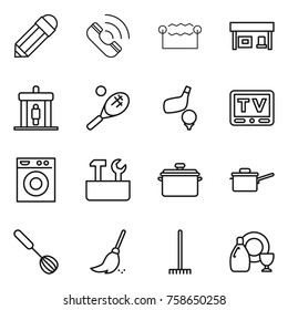 Thin line icon set : pencil, call, electrostatic, gas station, detector, tennis, golf, tv, washing machine, repair tools, pan, saute, whisk, broom, rake, dish cleanser