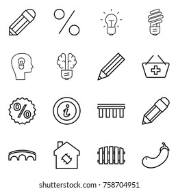 Thin line icon set : pencil, percent, bulb, head, brain, add to basket, info, bridge, smart house, fence, eggplant