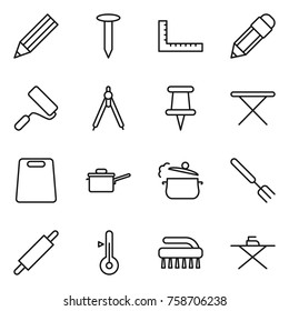 Thin line icon set : pencil, nail, ruler, repair, drawing compasses, pin, iron board, cutting, saute pan, steam, big fork, rolling, thermometer, brush