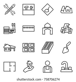 Thin line icon set : pencil wrench, tools, under construction, project, mall, bunker, minaret, modern architecture, house with garage, panel, brick, plan, real estate, workman, water tap