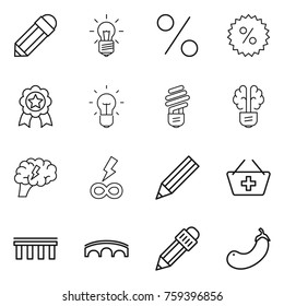 Thin line icon set : pencil, bulb, percent, medal, brain, infinity power, add to basket, bridge, eggplant