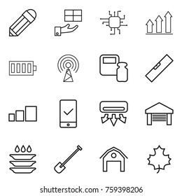 Thin line icon set : pencil, gift, chip, graph up, battery, antenna, scales weight, level, sorting, mobile checking, air conditioning, garage, plate washing, shovel, barn, maple leaf