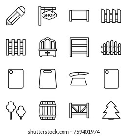 Thin line icon set : pencil, shop signboard, fence, pallet, dresser, rack, cutting board, trees, barrel, farm, spruce