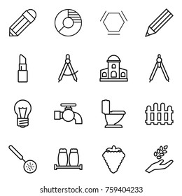 Thin line icon set : pencil, circle diagram, hex molecule, lipstick, draw compass, mansion, drawing compasses, bulb, water tap, toilet, fence, skimmer, salt pepper, berry, harvest