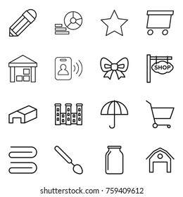 Thin line icon set : pencil, diagram, star, delivery, warehouse, pass card, bow, shop signboard, palace, dry cargo, cart, towel, big spoon, bank, barn