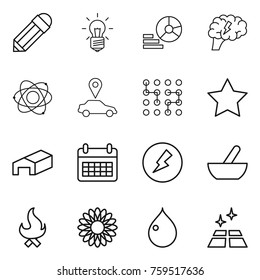 Thin line icon set : pencil, bulb, diagram, brain, atom, car pointer, chip, star, warehouse, calendar, electricity, mortar, fire, flower, drop, clean floor
